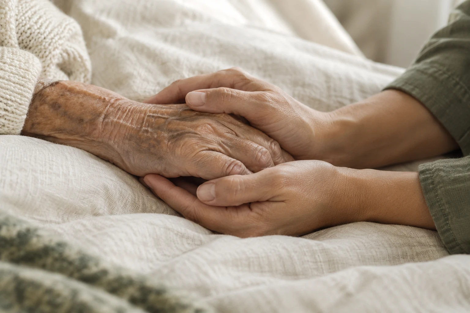 A family caregiver gently holding an older person’s hand on ivory linen in soft window light