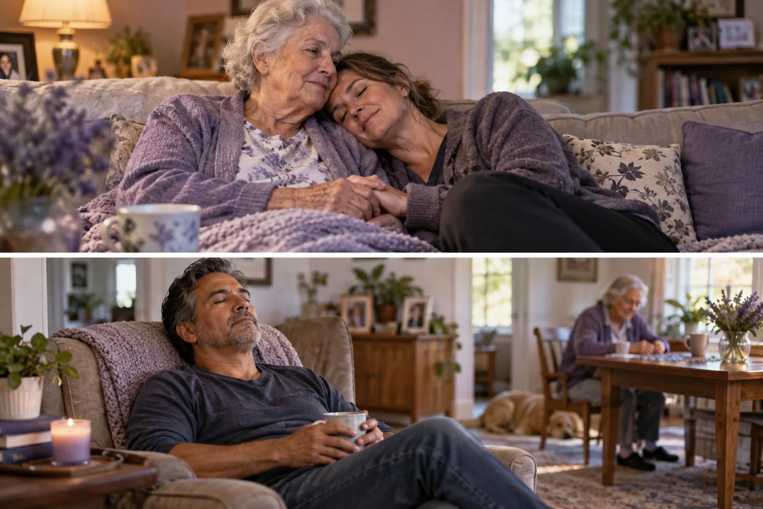 Family caregivers and older loved ones sharing quiet moments of rest at home