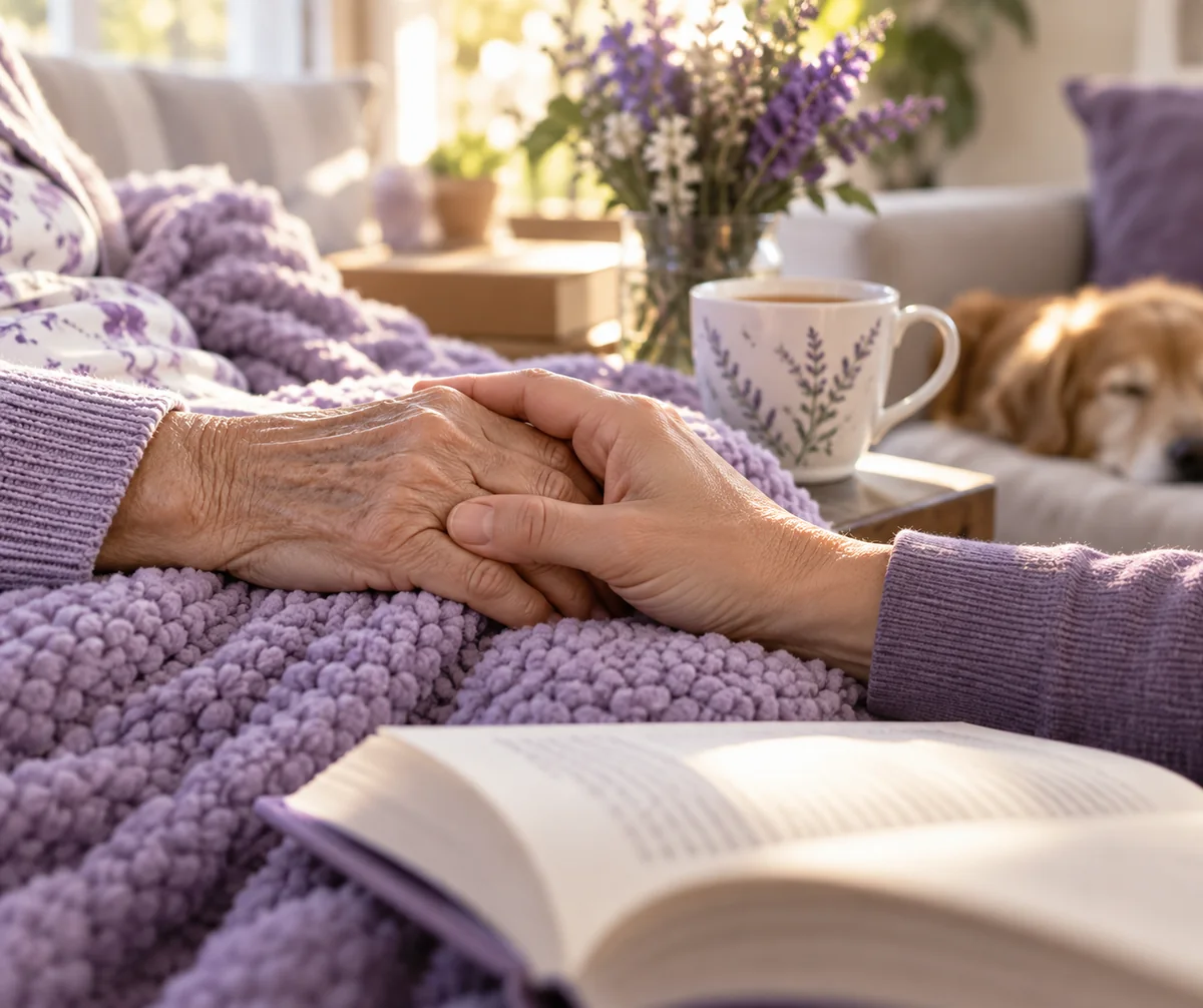 An older adult and a family caregiver holding hands during a quiet moment at home