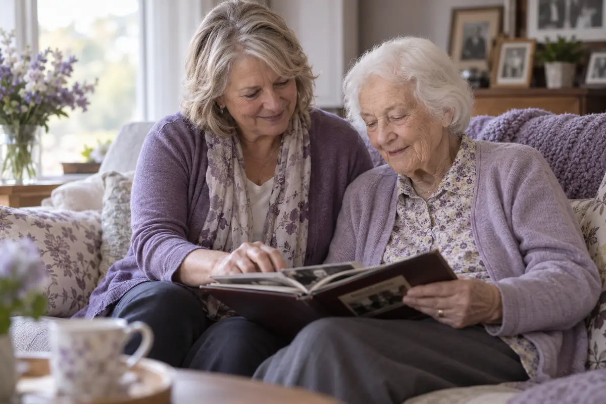 A mature caregiver and an elderly woman sharing family photographs at home